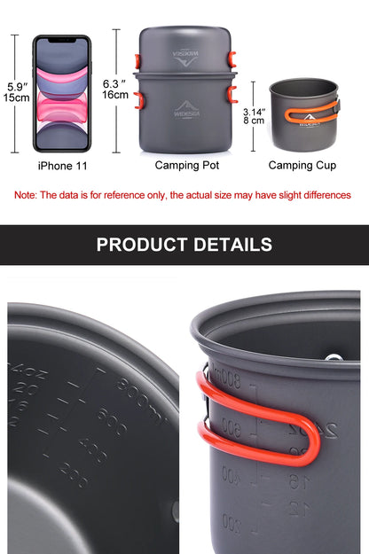 Camping pot and cup with dimensions compared to a smartphone, featuring the brand 'MOMO'.