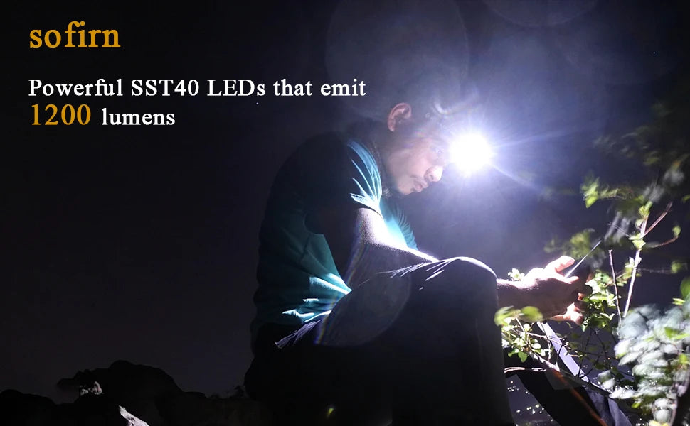 Person using a flashlight with text about sofirn SST40 LEDs and 1200 lumen output.