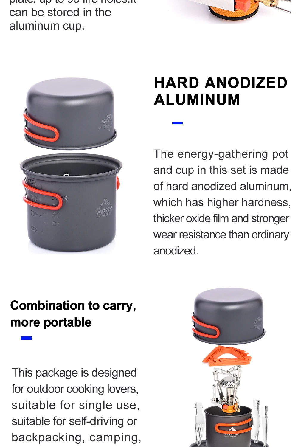 Hard anodized aluminum cooking pot and cup set with text on a white background
