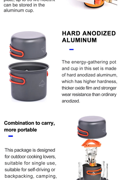 Hard anodized aluminum cooking pot and cup set with text on a white background
