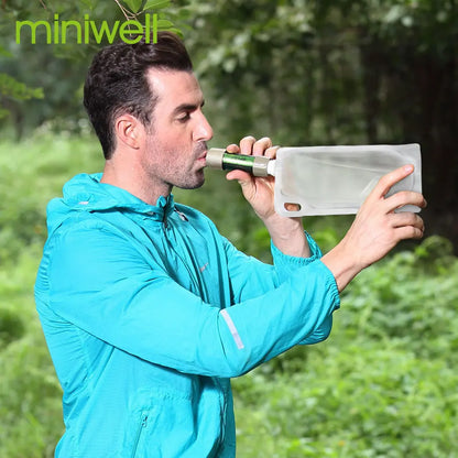 Person using a water filter in a natural setting with 'miniwell' branding.