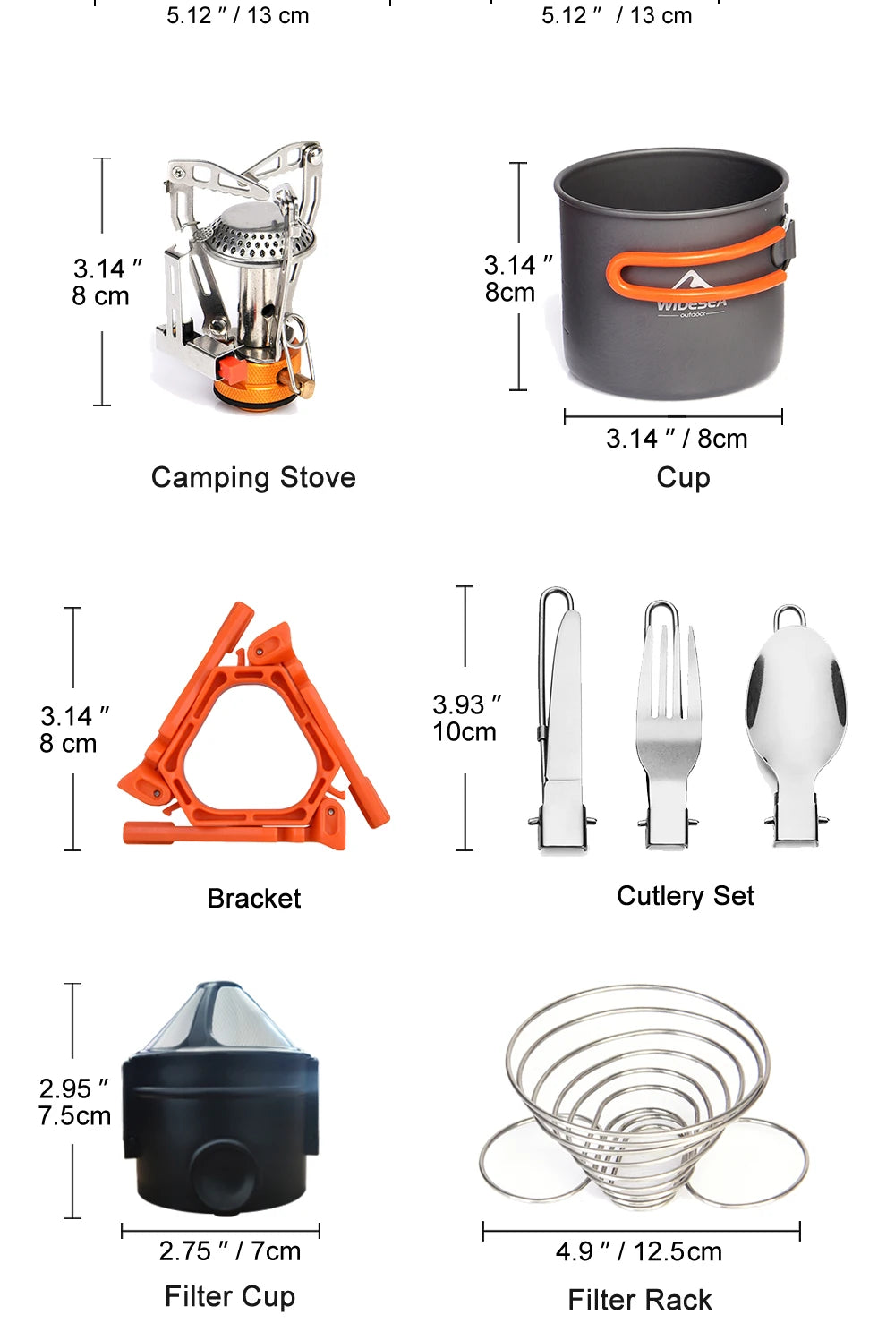 Set of camping utensils including a stove, cup, bracket, cutlery set, filter cup, and filter rack with measurements.