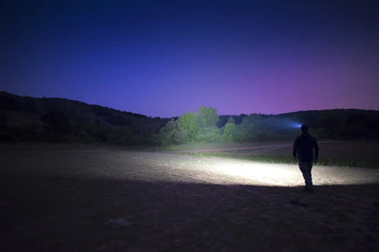 Person walking in a field at night with a flashlight