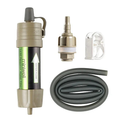 Water filter system with pump, hose, and additional components on a white background
