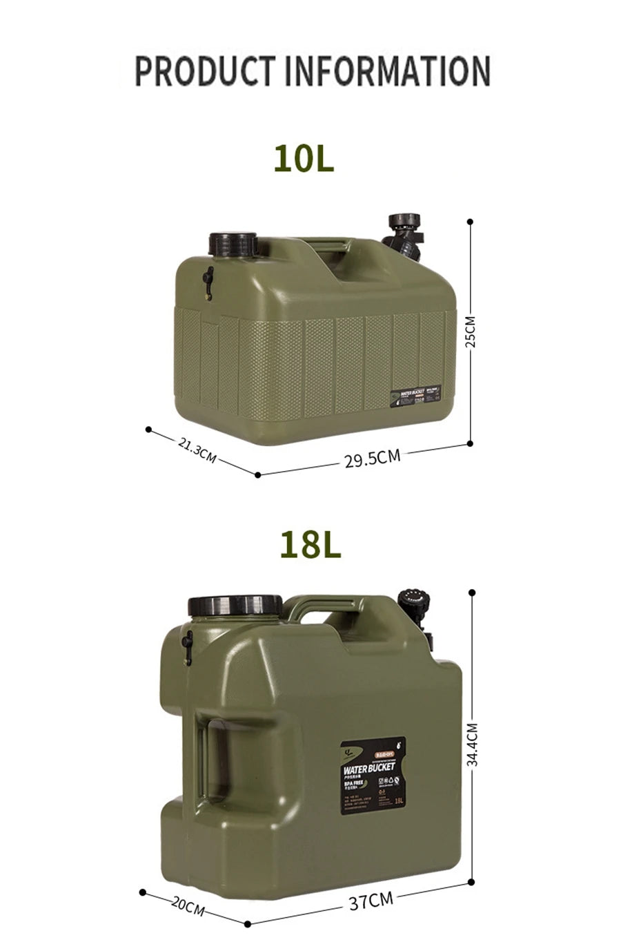Two green jerry cans with measurements on a white background