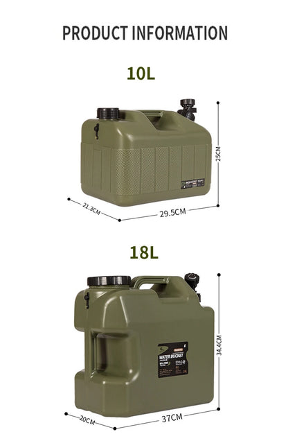 Two green jerry cans with measurements on a white background