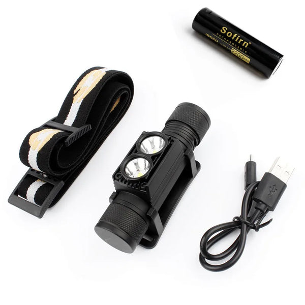 Black headlamp with strap, battery, and charging cable on a white background