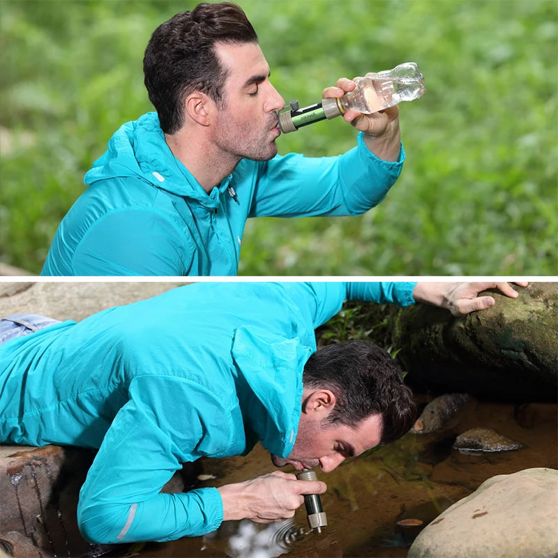 Man in a blue jacket using a water filter to drink from a natural setting