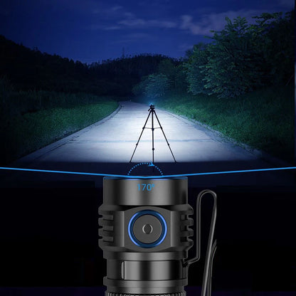 Camera on a tripod illuminating a dark road at night with a lens cap on the camera.