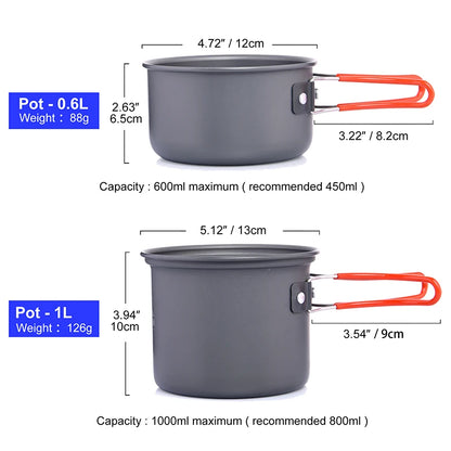 Two gray pots with red handles and measurements on a white background