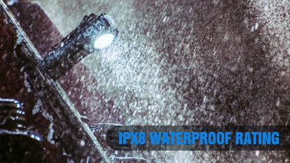 Light fixture on a wall with raindrops and 'IPX8 Waterproof Rating' text.