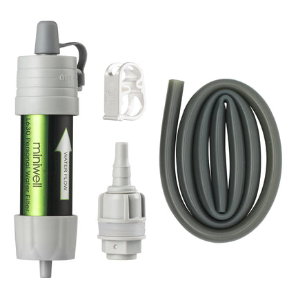 Personal water filter with hose and accessories on a white background