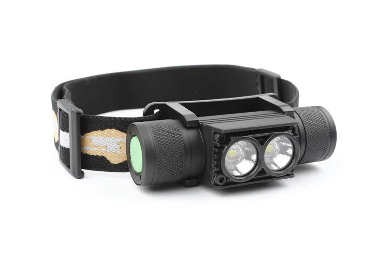 Black headlamp with dual LED lights on a white background