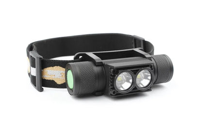 Black headlamp with dual LED lights on a white background