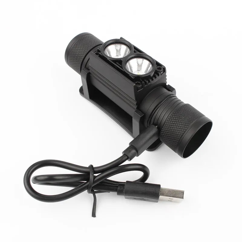 Black flashlight with two LED lights on a white background