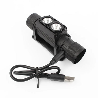 Black flashlight with two LED lights on a white background