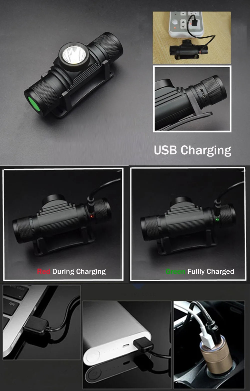 Black flashlight with USB charging feature shown in various stages of charging.