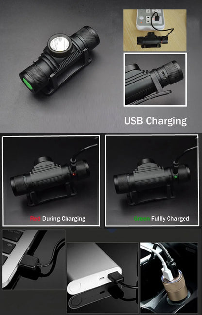 Black flashlight with USB charging feature shown in various stages of charging.