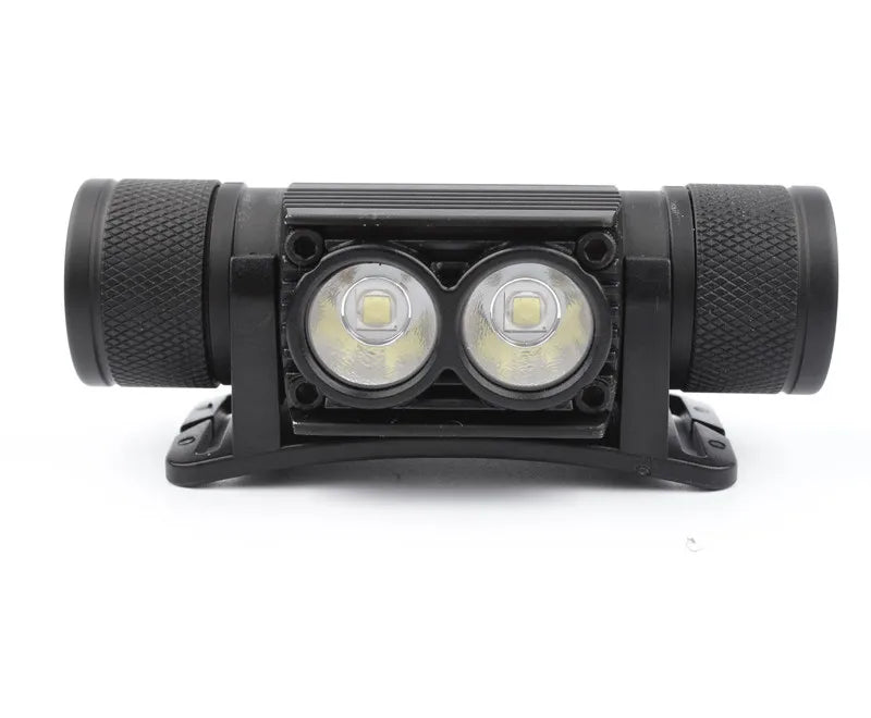 Black flashlight with dual LED lights on a white background