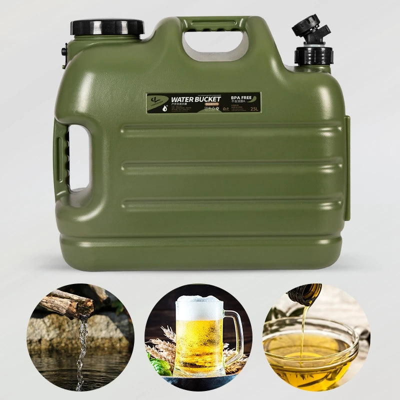 Green water container with 'Water Bucket' branding on a white background, featuring images of water, beer, and oil.