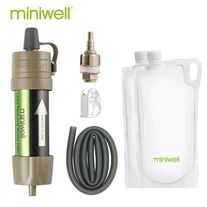 miniwell water filtration system with pump, hose, and container on a white background