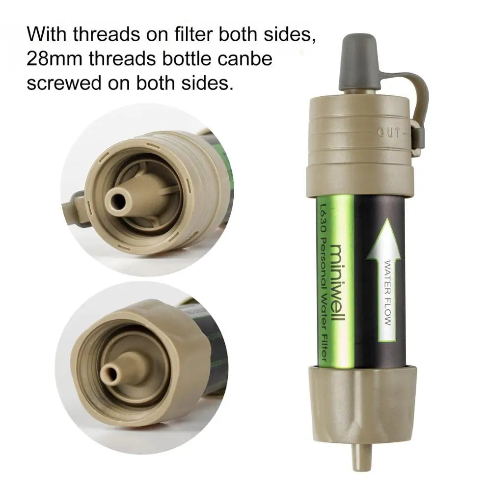 Minipure water filter with text explaining its threading capabilities on a white background