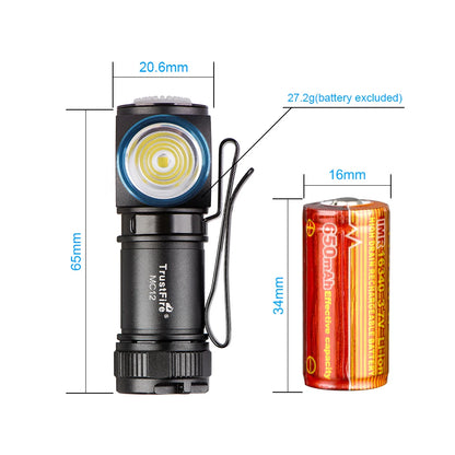 Flashlight with measurements and a battery on a white background