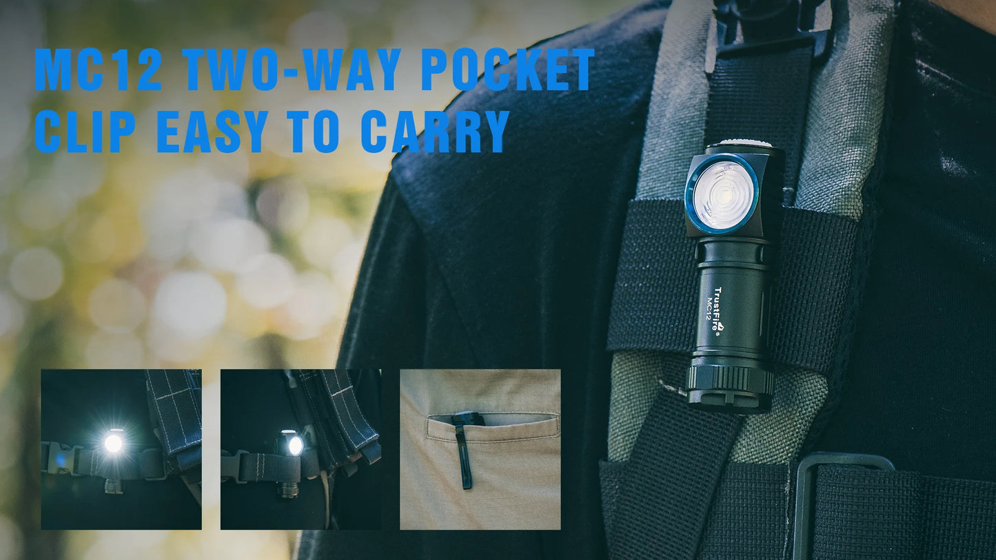 Two-way pocket clip light attached to a jacket with text 'MC12 TWO-WAY POCKET CLIP EASY TO CARRY'.