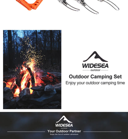 Promotional image for Widesea outdoor camping set with a campfire and product shots.