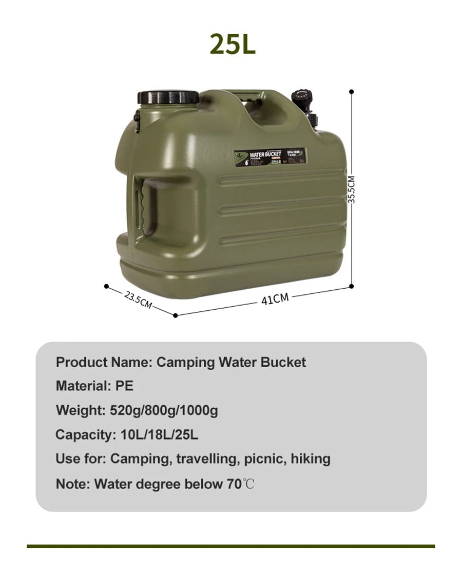 Green camping water bucket with dimensions and product details on a white background