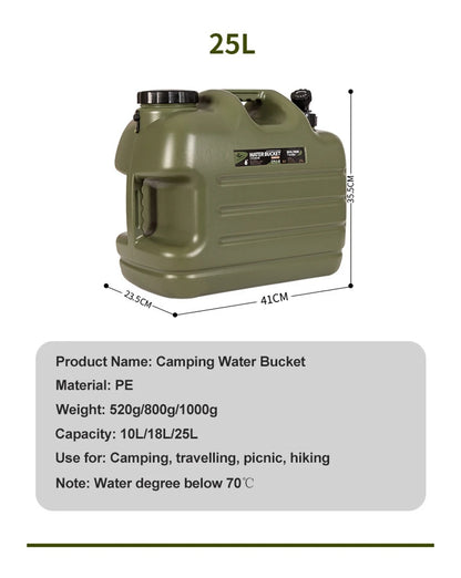 Green camping water bucket with dimensions and product details on a white background