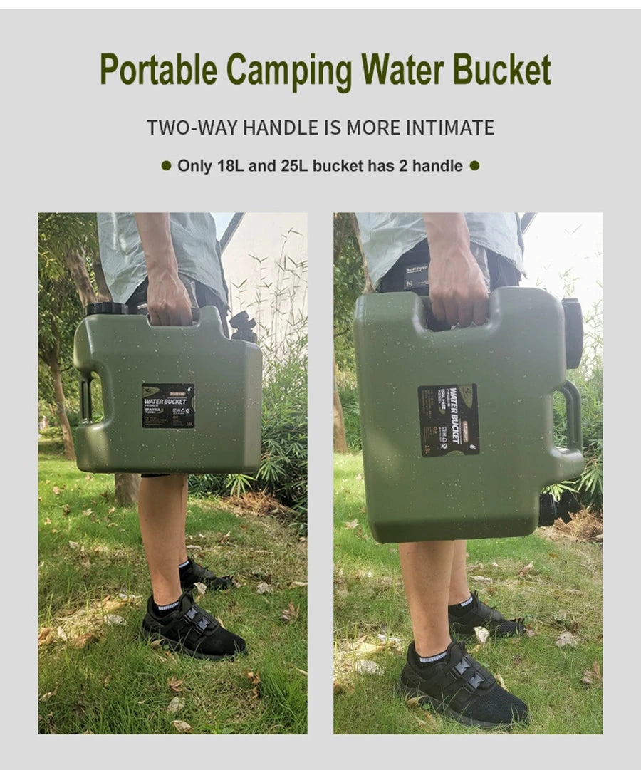 Portable camping water bucket with two-way handle held by a person outdoors.