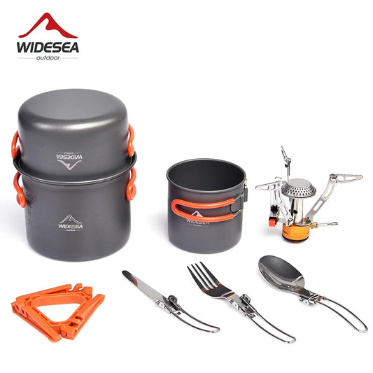 Camping cookware set with pots, stove, and utensils on a white background, featuring WideSea outdoor brand.
