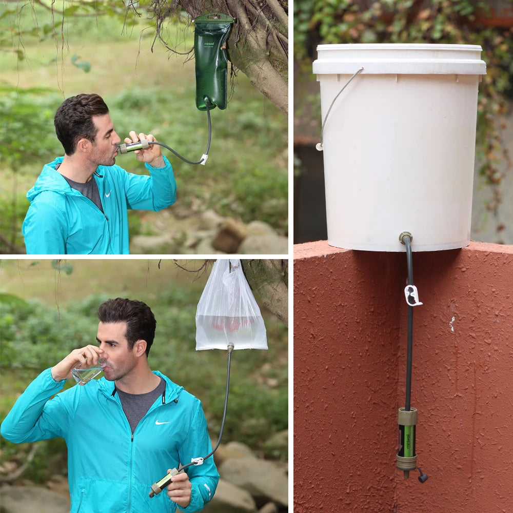 Collage of a person using a portable water filter system outdoors.