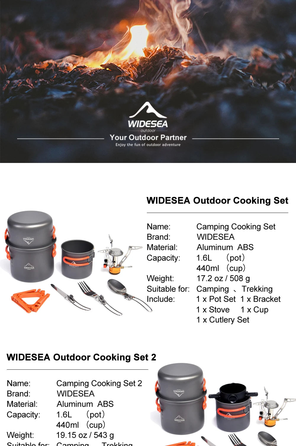 WideSea outdoor cooking set with camping pot, cup, and utensils against a fire background.