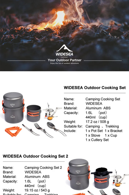 WideSea outdoor cooking set with camping pot, cup, and utensils against a fire background.