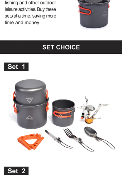 Camping cookware set with pots, utensils, and a stove on a white background.