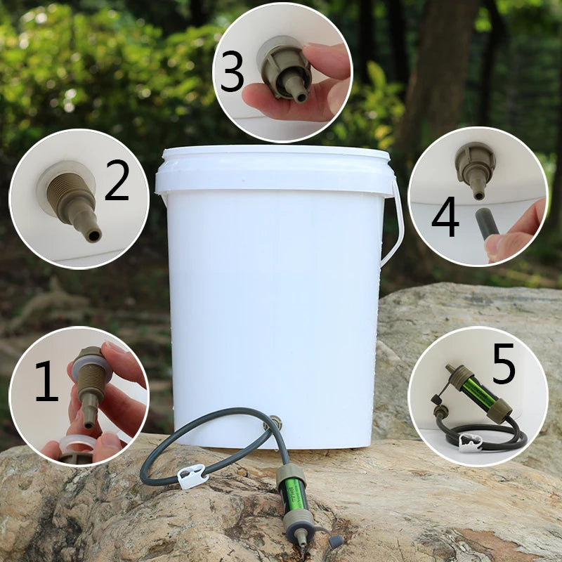 White bucket with water filter components on a natural background
