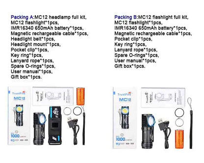 TrustFire MC12 flashlight full kit with packaging and accessories on a white background