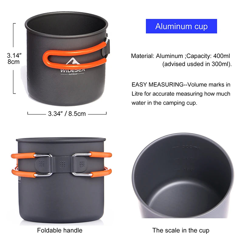 Aluminum cup with orange handles and measurement details on a white background