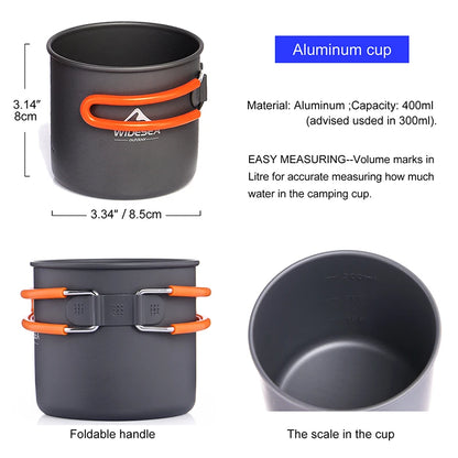 Aluminum cup with orange handles and measurement details on a white background