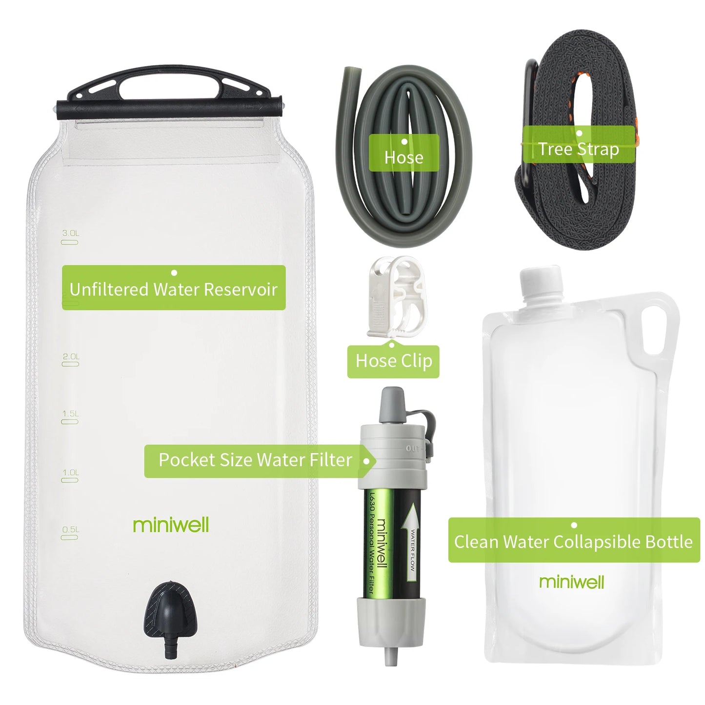 Collection of miniwell water filtration and storage products on a white background