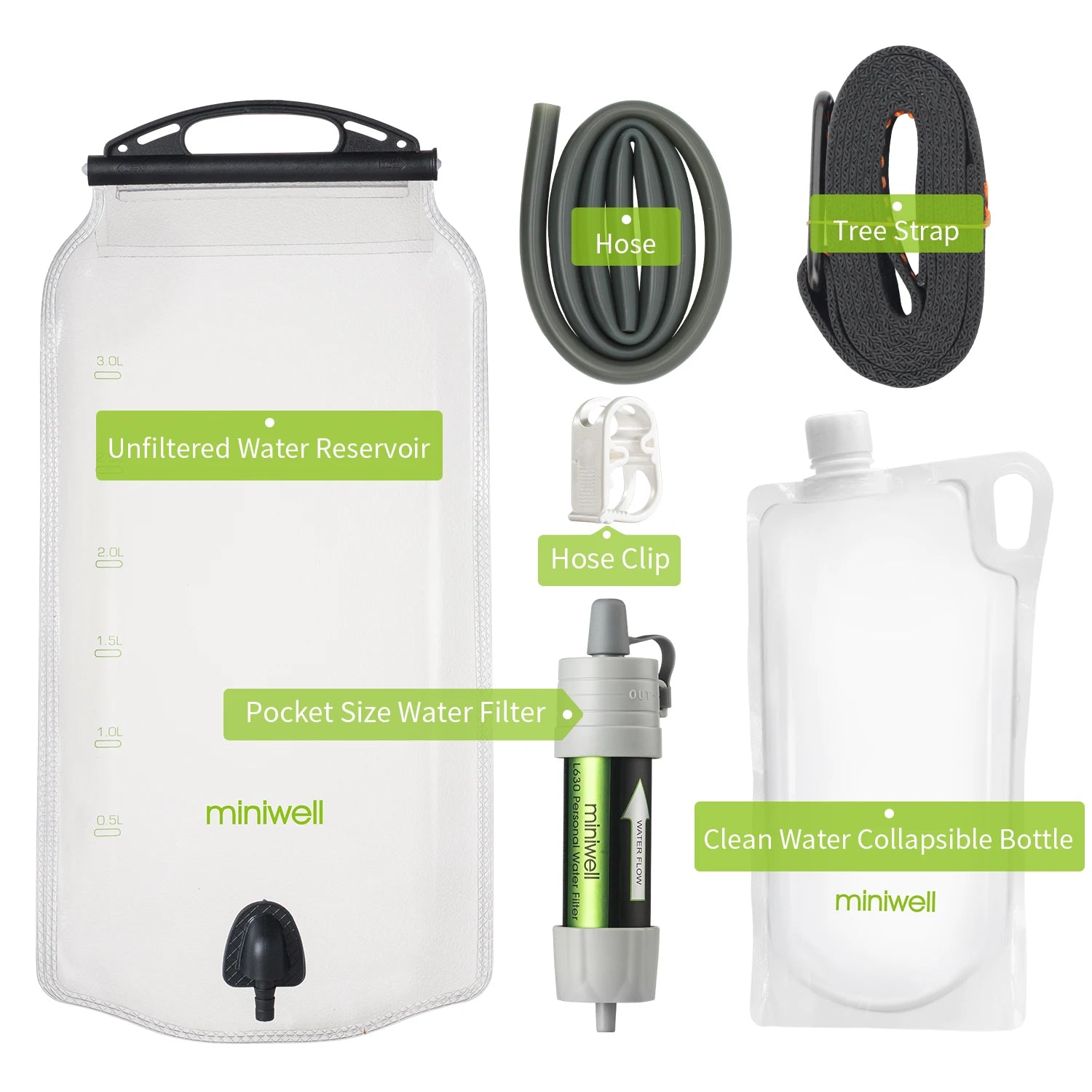 Collection of miniwell water filtration and storage products on a white background