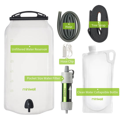 Collection of miniwell water filtration and storage products on a white background