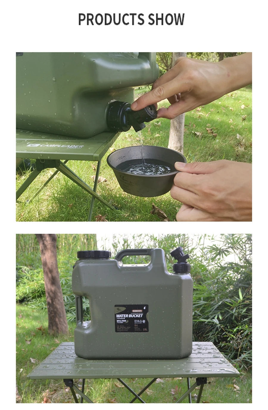 Green water container with a person pouring water into a bowl outdoors.