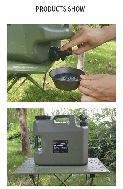 Green water container with a person pouring water into a bowl outdoors.