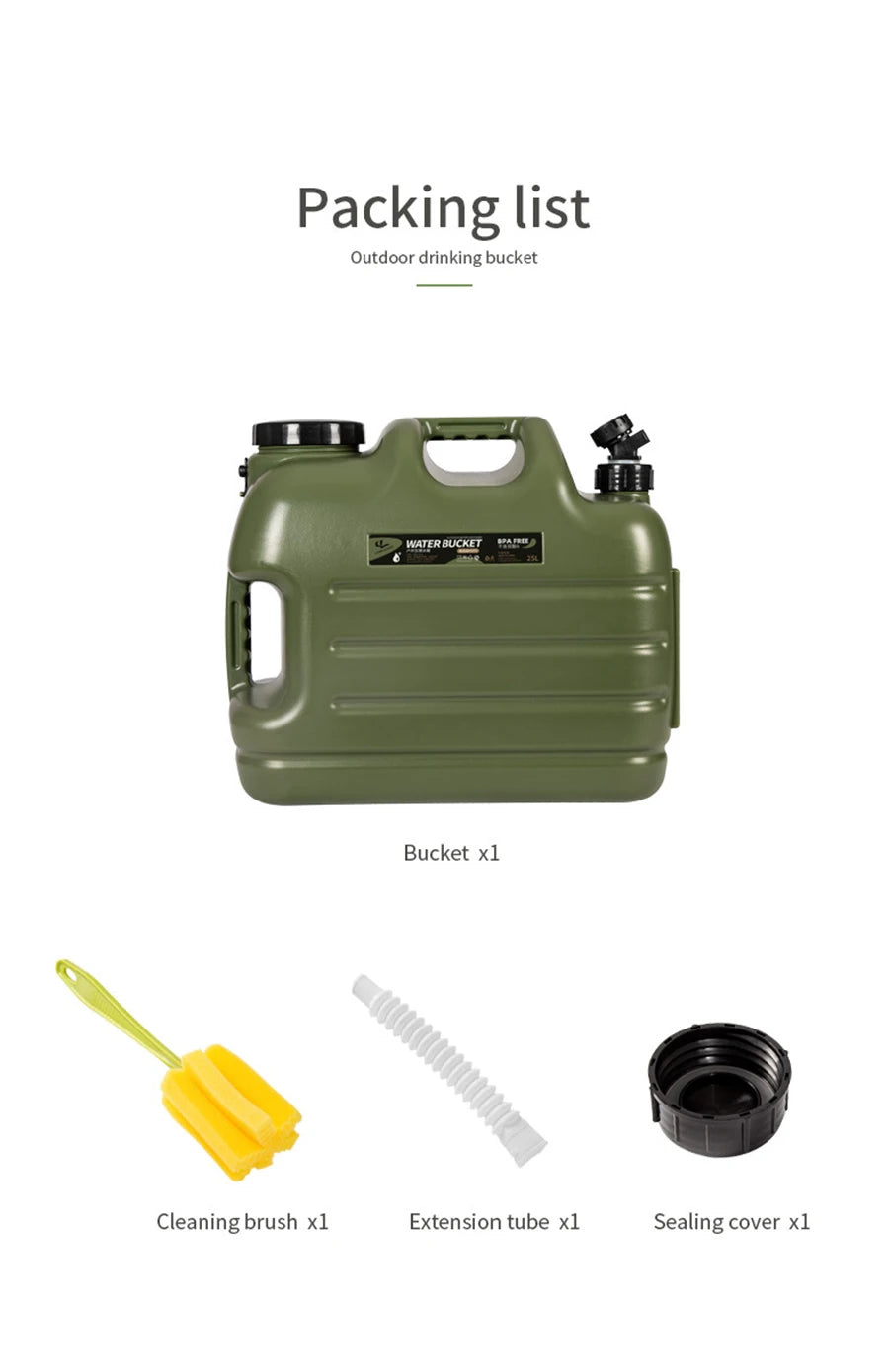 Green outdoor drinking bucket with cleaning brush, extension tube, and sealing cover on a white background.
