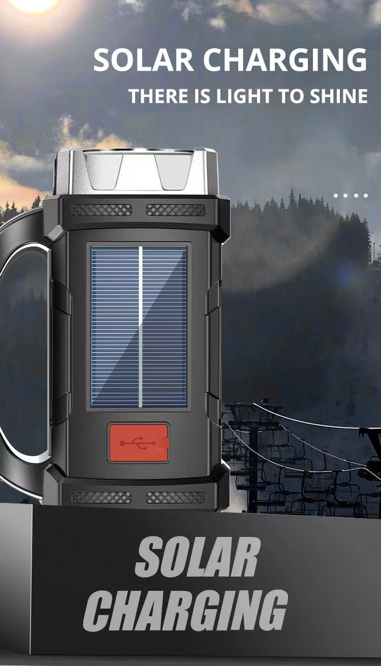 Solar-powered lantern with 'Solar Charging' text against a mountainous background