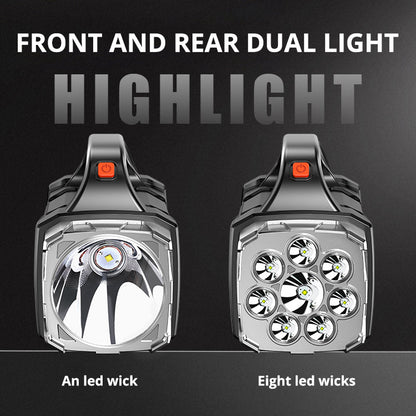 Two front and rear dual lights with text indicating features on a black background