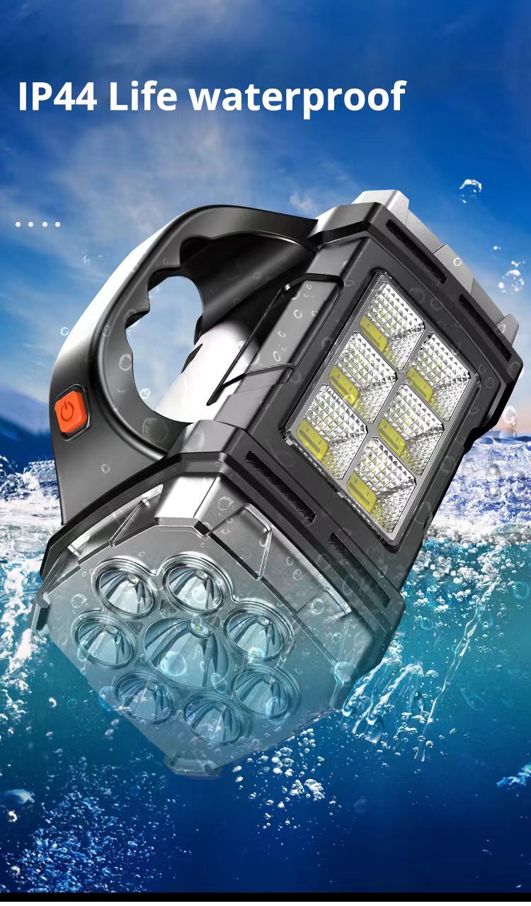 LED work light with water splashes and text 'IP44 Life waterproof' on a blue background